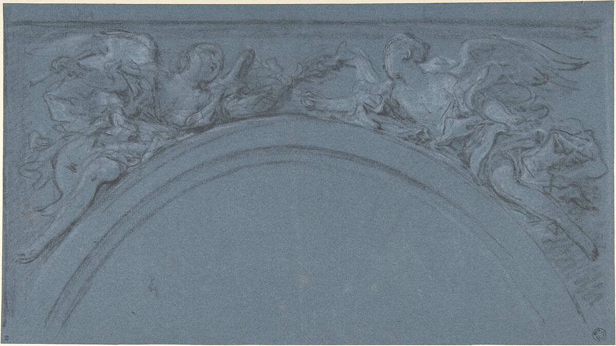Design for two spandrels with winged figures, François Boucher (French, Paris 1703–1770 Paris), Black and white chalk on blue paper 