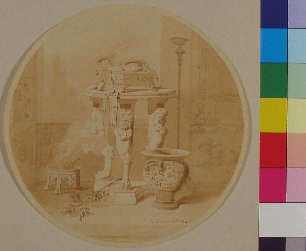 Circular Drawing of a Classical Interior with Fire in Brazier, Greek Vase and Circular Tripod Table, Jules-Frédéric Bouchet (French, Paris 1799–1860 Paris), Pen and brown ink, brush and brown wash over graphite underdrawing