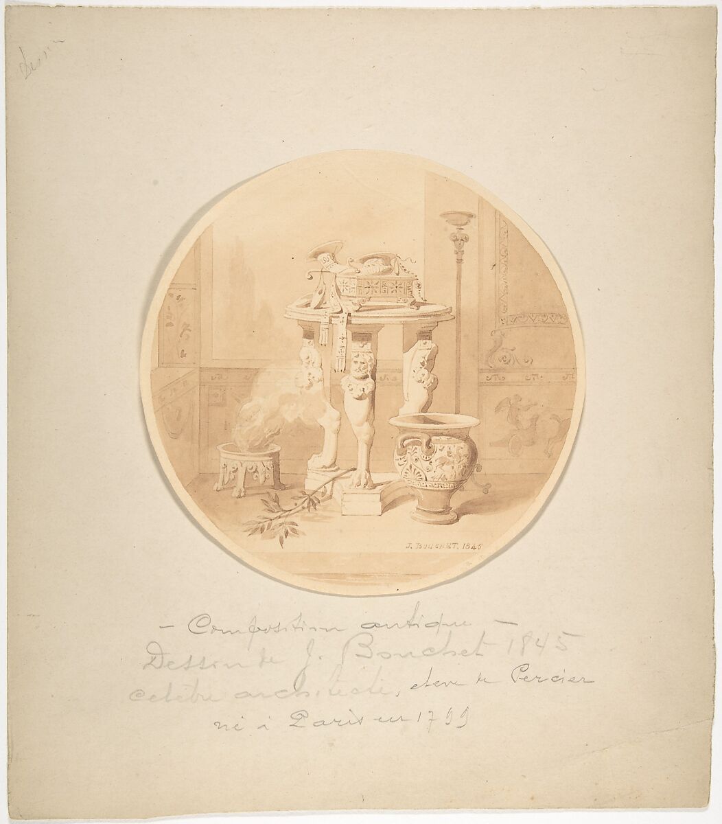 Circular Drawing of a Classical Interior with Fire in Brazier, Greek Vase and Circular Tripod Table, Jules-Frédéric Bouchet (French, Paris 1799–1860 Paris), Pen and brown ink, brush and brown wash over graphite underdrawing 