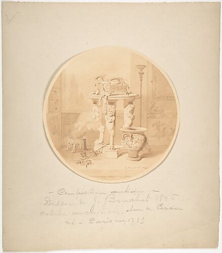 Circular Drawing of a Classical Interior with Fire in Brazier, Greek Vase and Circular Tripod Table