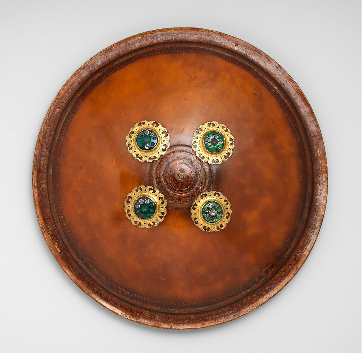 Shield (Dhàl), Hide, gilt bronze, enamel, lacquer, jewels, textile (velvet), North Indian