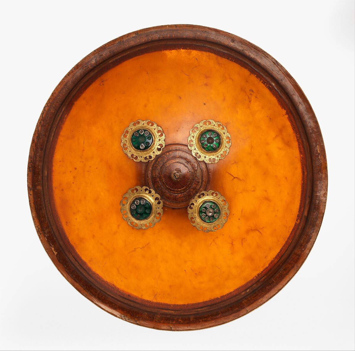 Shield (<i>Dhàl</i>), Hide, gilt bronze, enamel, lacquer, jewels, textile (velvet), North Indian