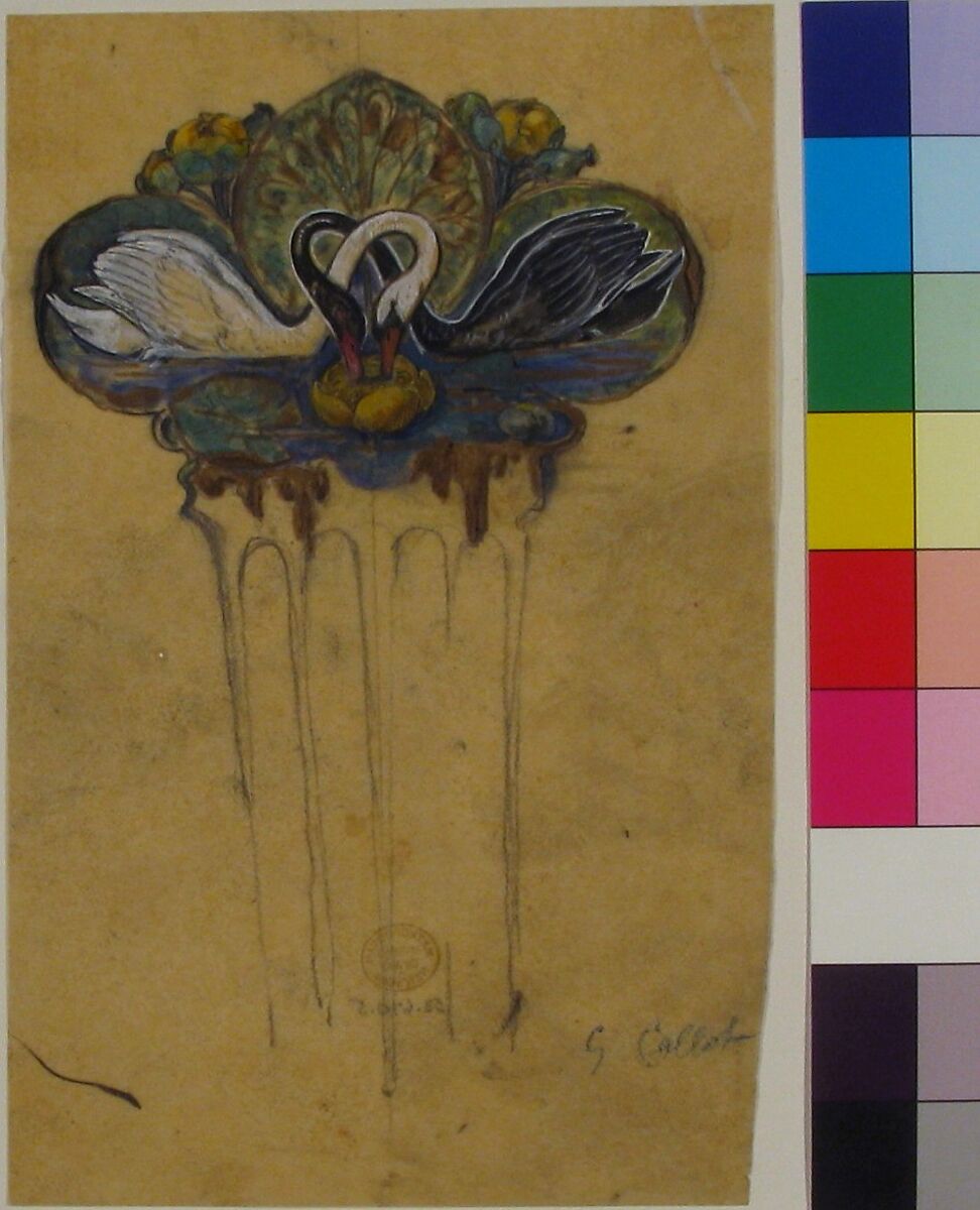 Design for a Haircomb, Jacques Caillot (French, 1823–1905), Pen and black ink, watercolor and gouache and metallic paint over graphite