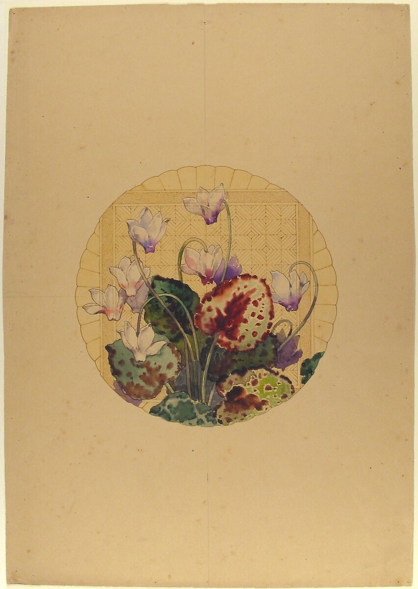 Design for a Plate with Cyclamens, Attributed to Amédée de Caranza (French, born Istanbul, 1834–1914), Pen and brown and black ink, watercolor, over graphite