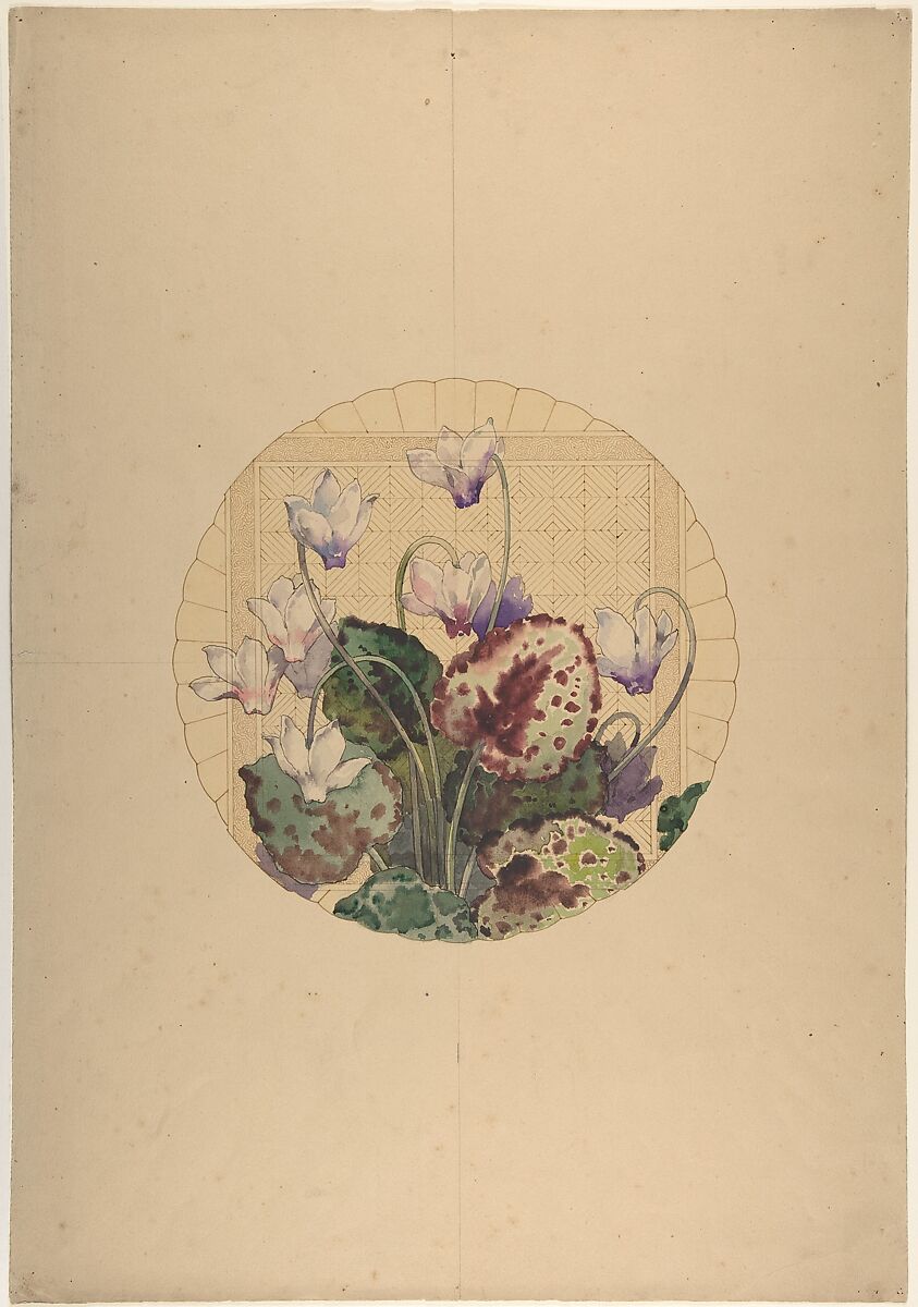 Design for a Plate with Cyclamens, Attributed to Amédée de Caranza (French, born Istanbul, 1834–1914), Pen and brown and black ink, watercolor, over graphite 