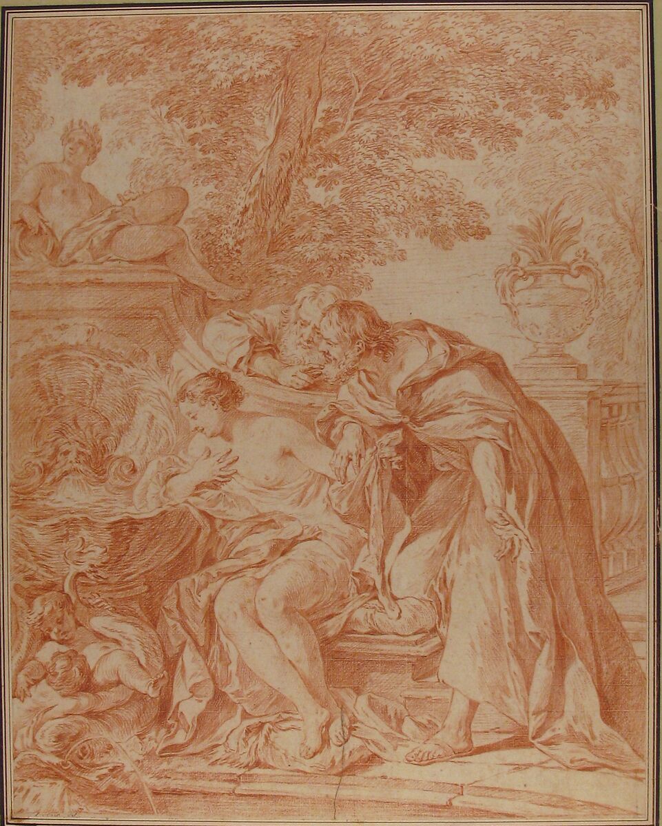 Susanna and the Elders, Laurent Cars (French, Lyons 1699–1771 Paris), Red chalk over an incised grid