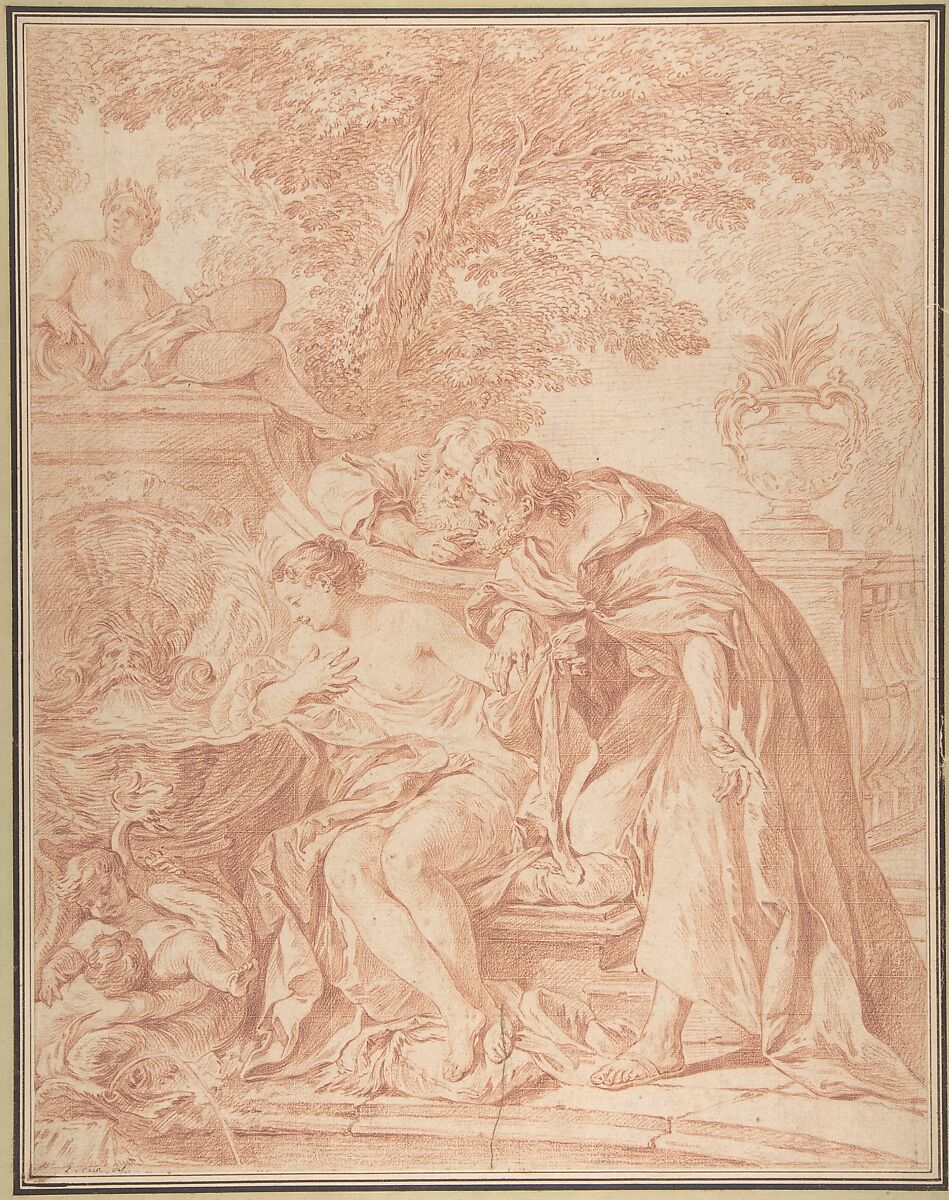 Susanna and the Elders, Laurent Cars (French, Lyons 1699–1771 Paris), Red chalk over an incised grid 