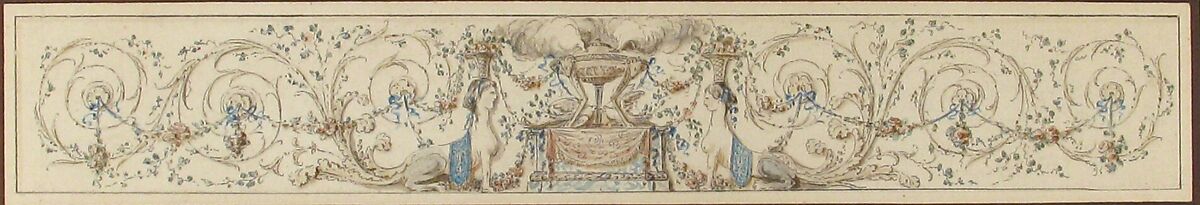 Design for a Frieze with a Censer, Sphinxes and Acanthus Scrolls, Gilles Paul Cauvet (French, Aix 1731–1788 Paris), Pen and brown and gray ink, watercolor, heightened with white