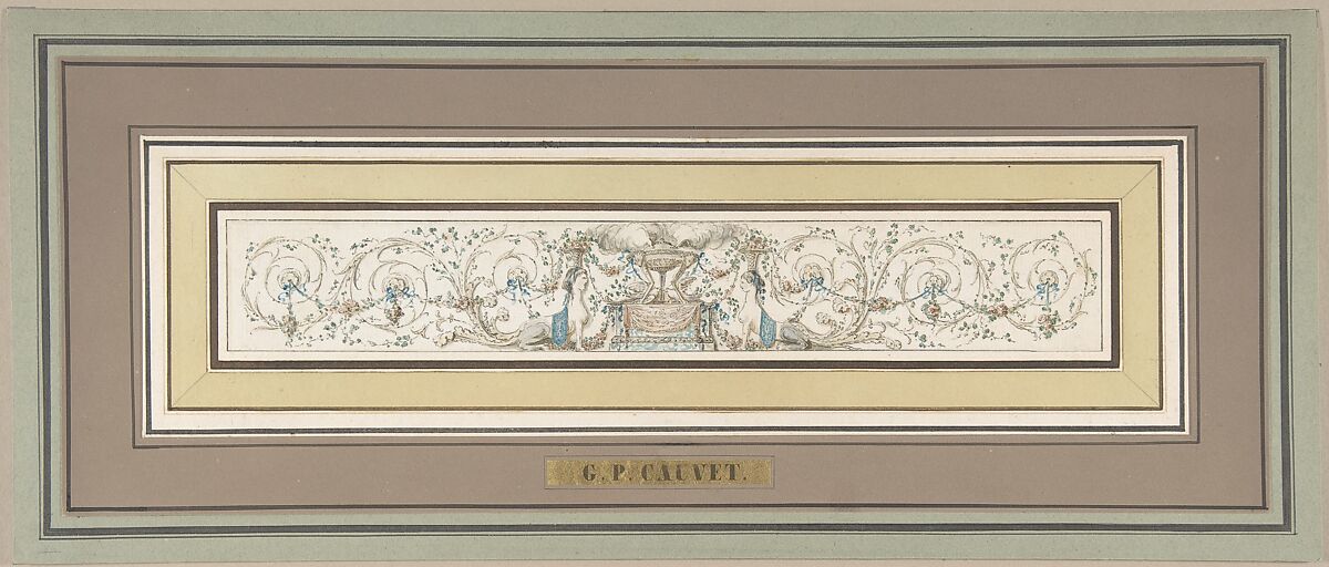 Design for a Frieze with a Censer, Sphinxes and Acanthus Scrolls, Gilles Paul Cauvet (French, Aix 1731–1788 Paris), Pen and brown and gray ink, watercolor, heightened with white 