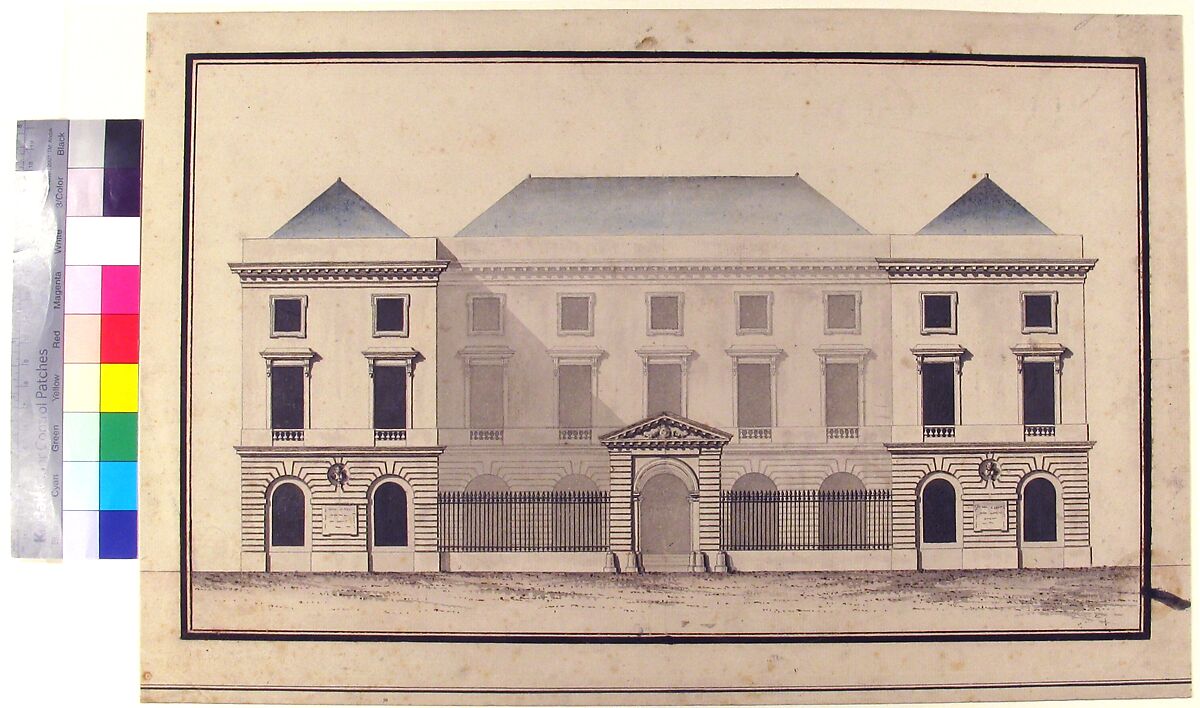 Design for the Collège de France, Paris: Elevation of Court Front Showing Entrance Screen, Jean François Chalgrin (French, Paris 1739–1811 Paris), Pen and black and gray ink, gray and blue wash