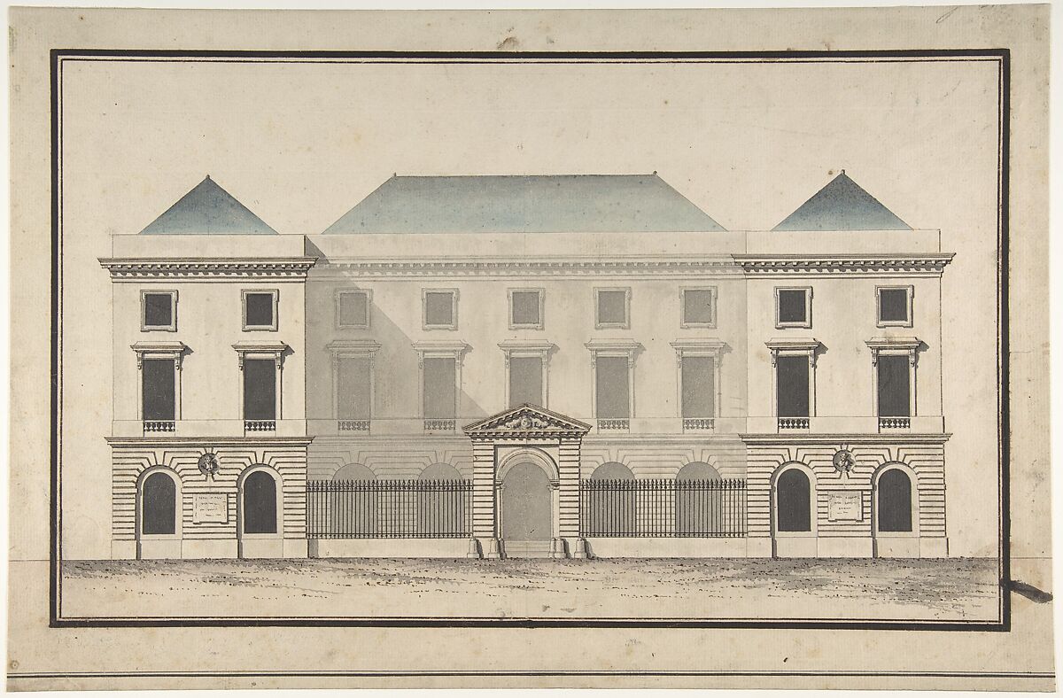 Design for the Collège de France, Paris: Elevation of Court Front Showing Entrance Screen, Jean François Chalgrin (French, Paris 1739–1811 Paris), Pen and black and gray ink, gray and blue wash 