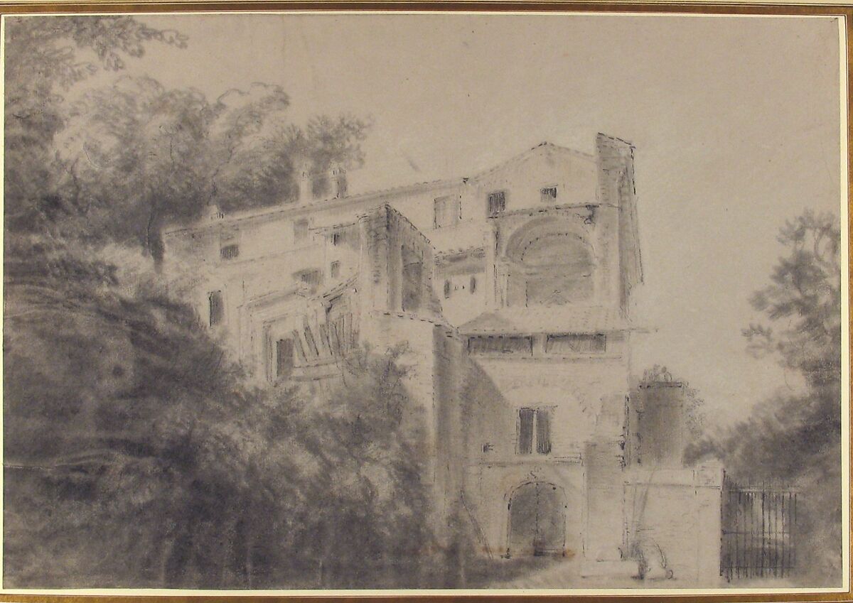 View of the Palazza Madama, Rome (?), Attributed to Charles Michel Ange Challe (French, Paris 1718–1778 Paris), Black chalk, stumped, with white chalk on gray paper