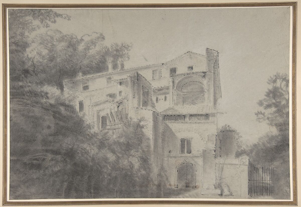 View of the Palazza Madama, Rome (?), Attributed to Charles Michel Ange Challe (French, Paris 1718–1778 Paris), Black chalk, stumped, with white chalk on gray paper 