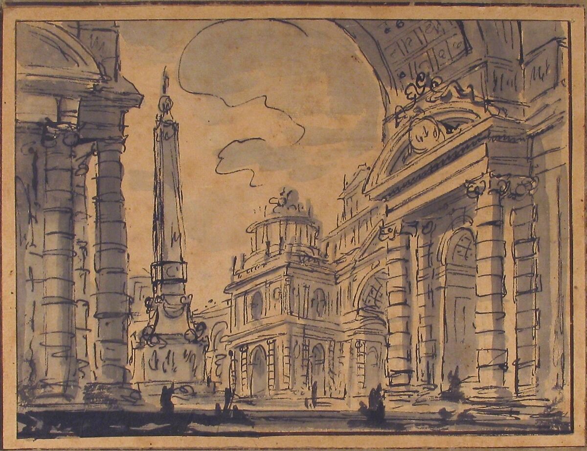 An Architectural Capriccio; a View Through a Great Arch with an Obelisk in a Piazza in the Middle Distance, Charles Michel Ange Challe (French, Paris 1718–1778 Paris), Pen and black ink, brush and gray wash