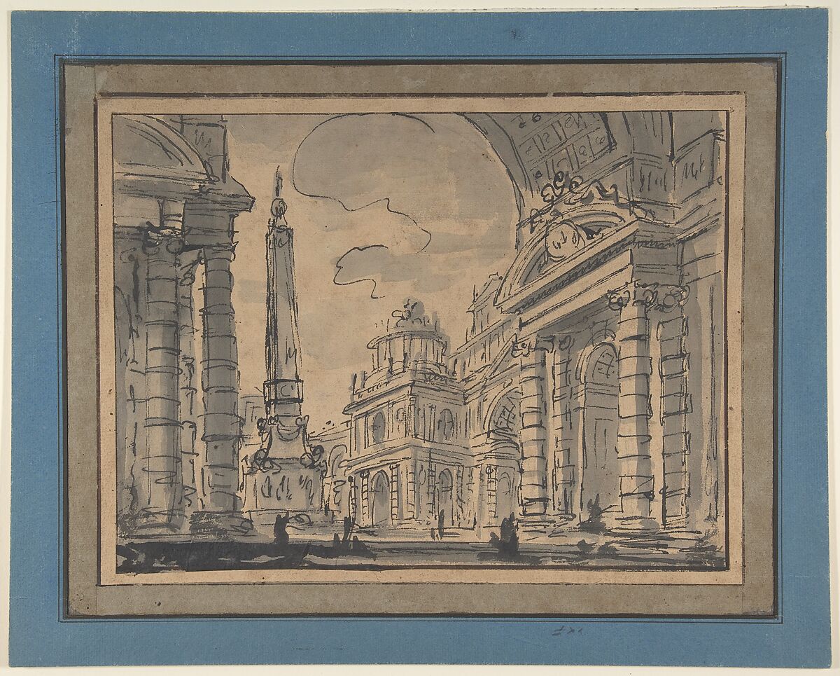 An Architectural Capriccio; a View Through a Great Arch with an Obelisk in a Piazza in the Middle Distance, Charles Michel Ange Challe (French, Paris 1718–1778 Paris), Pen and black ink, brush and gray wash 