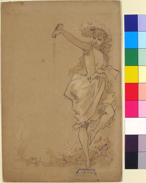 Design for a Menu: Girl Pouring from a Bottle, Attributed to Jules Chéret (French, Paris 1836–1932 Nice), Pen and black ink, brush and brown and pale orange wash over graphite 