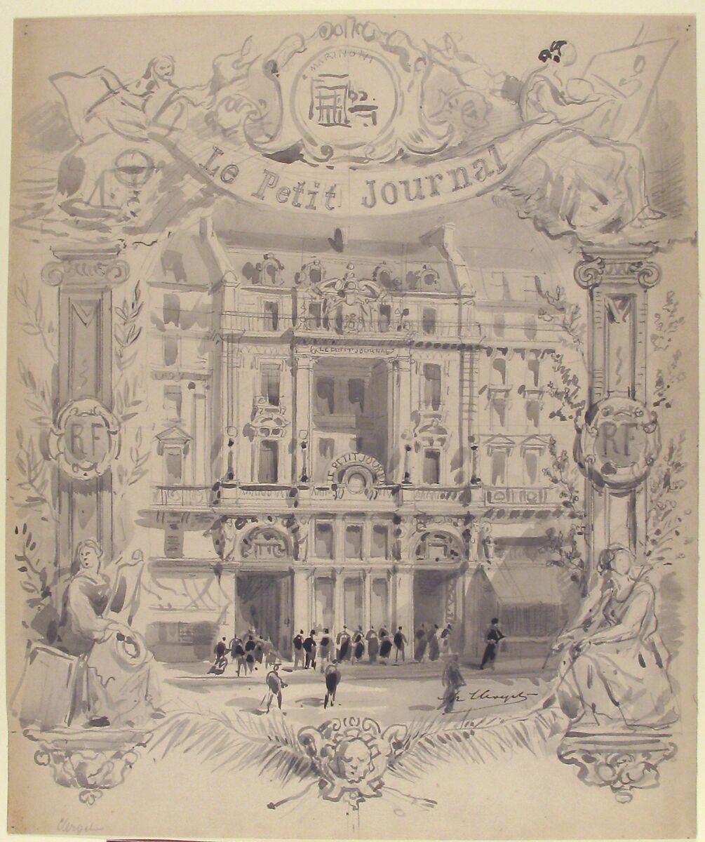 Drawing for title page "Le Petit Journal", Made by (?) Hubert Clerget (French, Dijon 1818–1899 Saint-Denis), Brush and gray wash over graphite underdrawing