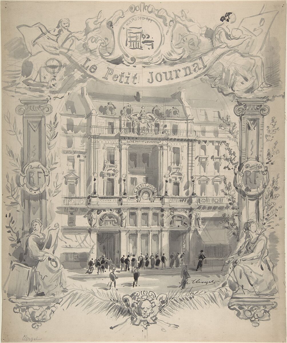 Drawing for title page "Le Petit Journal", Made by (?) Hubert Clerget (French, Dijon 1818–1899 Saint-Denis), Brush and gray wash over graphite underdrawing 