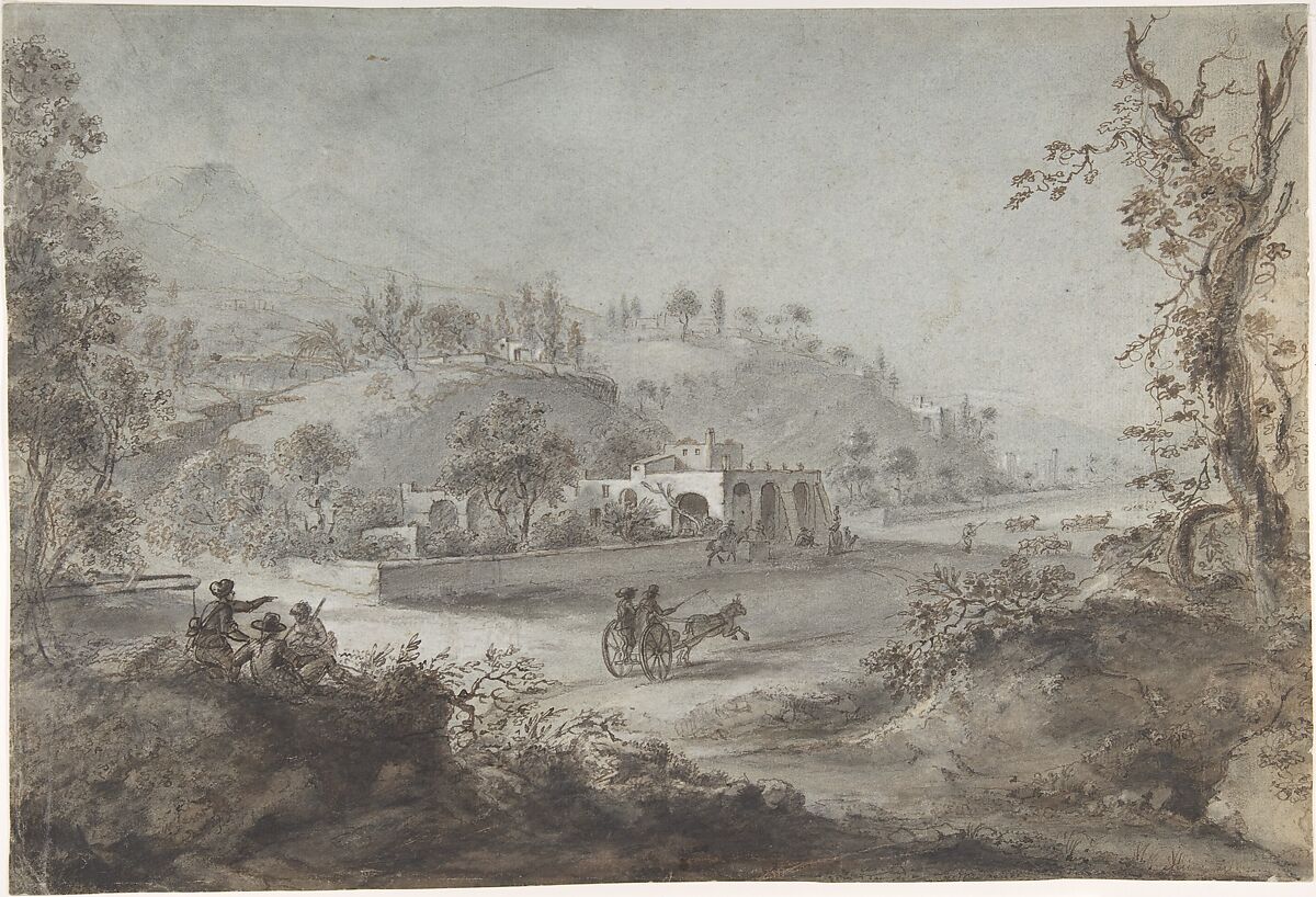 Landscape Prospect with a Buggy and a Herd of Goats, attributed to Giuseppe Zocchi (Italian, Florence 1711–1767 Florence), Charcoal or black chalk (stumped), pen and brown ink, brush with brown and gray wash, highlighted with white chalk (?), on blue-gray paper 