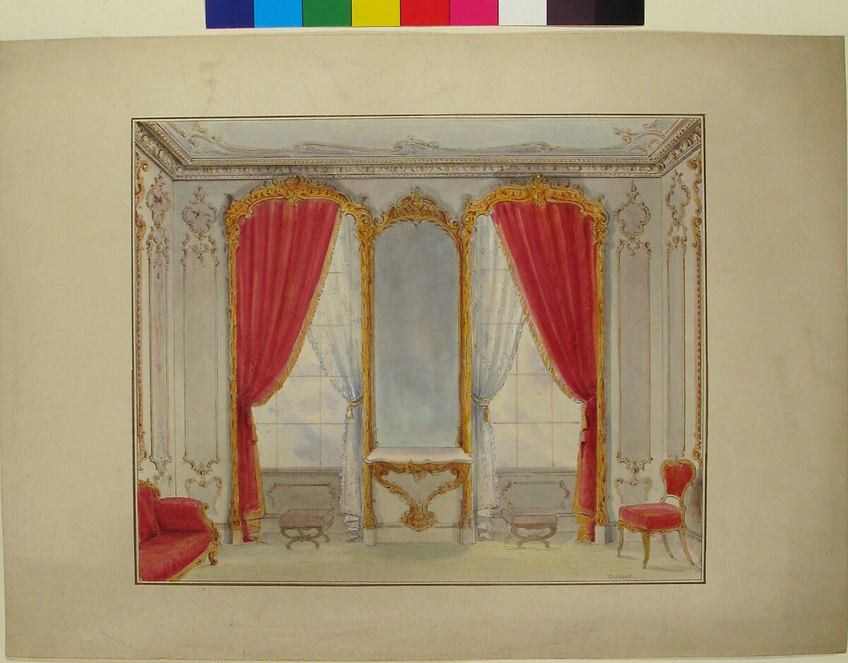 Interior of a Small Salon, Simon-Claude Constant-Dufeux (French, 1801–1871), Pen and gray ink, watercolor, over graphite