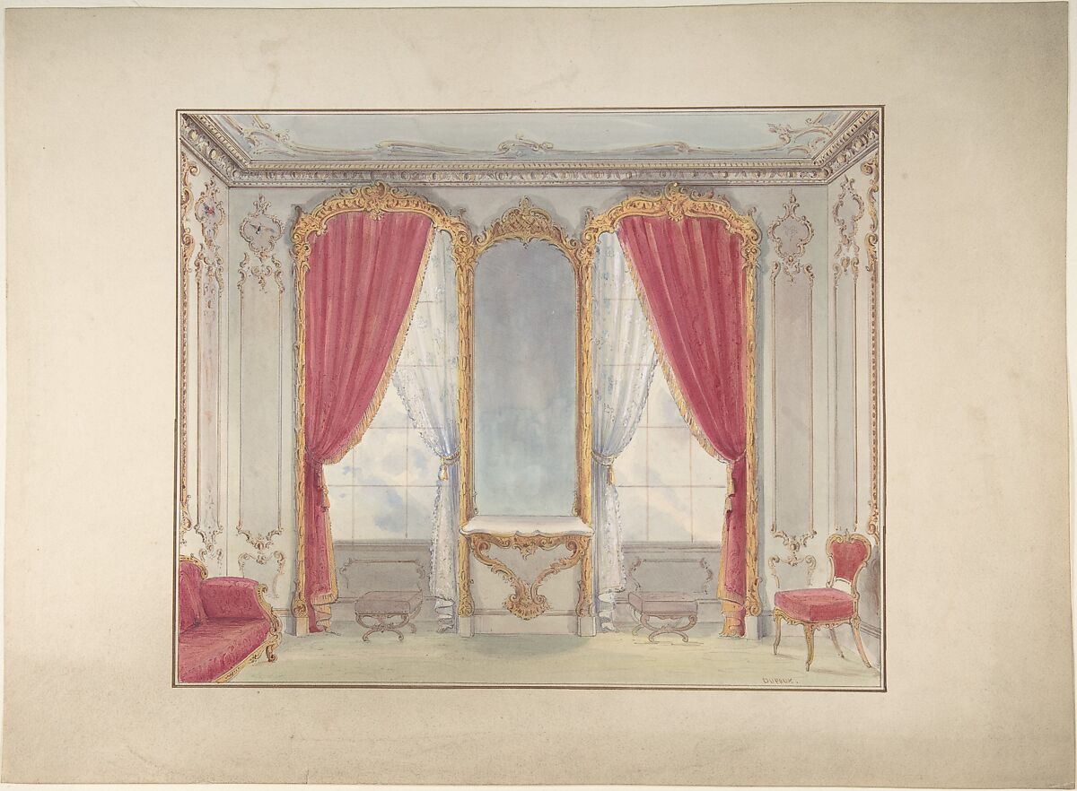 Interior of a Small Salon, Simon-Claude Constant-Dufeux (French, 1801–1871), Pen and gray ink, watercolor, over graphite 