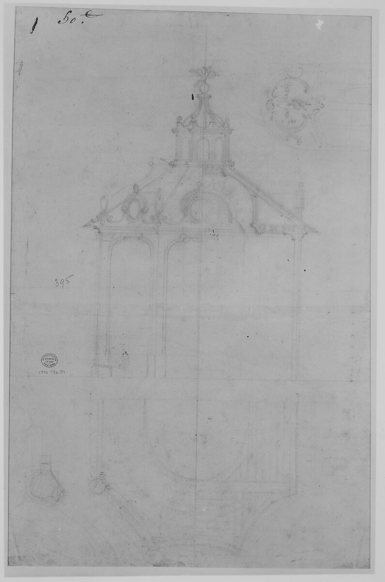 Plan of the Roof and Section of a Pavilion in the Gardens of the Château de Saint-Cloud (recto); Study for the Exterior with Partial Plan of the Pavilion (verso), Pierre Contant d'Ivry (French, Ivry-sur-Seine 1698–1777 Paris), Pen and brown and gray ink, brush and brown wash over traces of black chalk (recto); black chalk (verso)