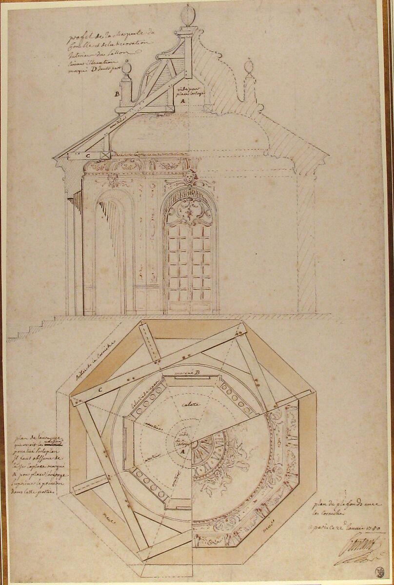 Plan of the Roof and Section of a Pavilion in the Gardens of the Château de Saint-Cloud (recto); Study for the Exterior with Partial Plan of the Pavilion (verso), Pierre Contant d'Ivry (French, Ivry-sur-Seine 1698–1777 Paris), Pen and brown and gray ink, brush and brown wash over traces of black chalk (recto); black chalk (verso)