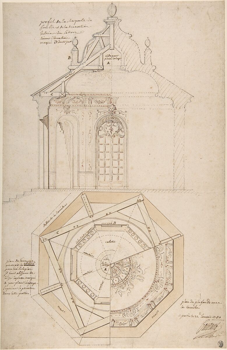 Pierre Contant D Ivry Plan Of The Roof And Section Of A Pavilion In The Gardens Of The Chateau De Saint Cloud Recto Study For The Exterior With Partial Plan Of The Pavilion