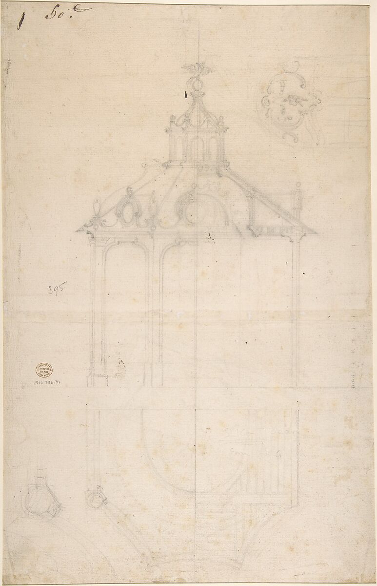 Plan of the Roof and Section of a Pavilion in the Gardens of the Château de Saint-Cloud (recto); Study for the Exterior with Partial Plan of the Pavilion (verso), Pierre Contant d'Ivry (French, Ivry-sur-Seine 1698–1777 Paris), Pen and brown and gray ink, brush and brown wash over traces of black chalk (recto); black chalk (verso)