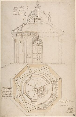 Plan of the Roof and Section of a Pavilion in the Gardens of the Château de Saint-Cloud (recto); Study for the Exterior with Partial Plan of the Pavilion (verso)