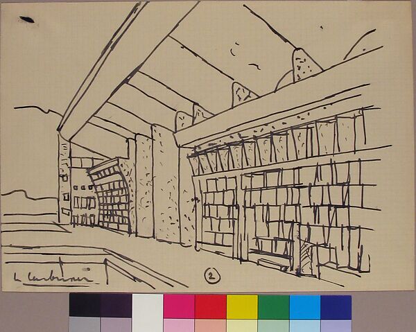 High Court (La Haut Cour de Justice), Chandigarh, India: View of Façade at Raking Angle, Le Corbusier (French (born Switzerland), La Chaux-de-Fonds 1887–1965 Roquebrune-Cap-Martin), Pen and black ink on graph paper