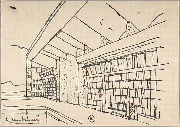 High Court (La Haut Cour de Justice), Chandigarh, India: View of Façade at Raking Angle, Le Corbusier (French (born Switzerland), La Chaux-de-Fonds 1887–1965 Roquebrune-Cap-Martin), Pen and black ink on graph paper 