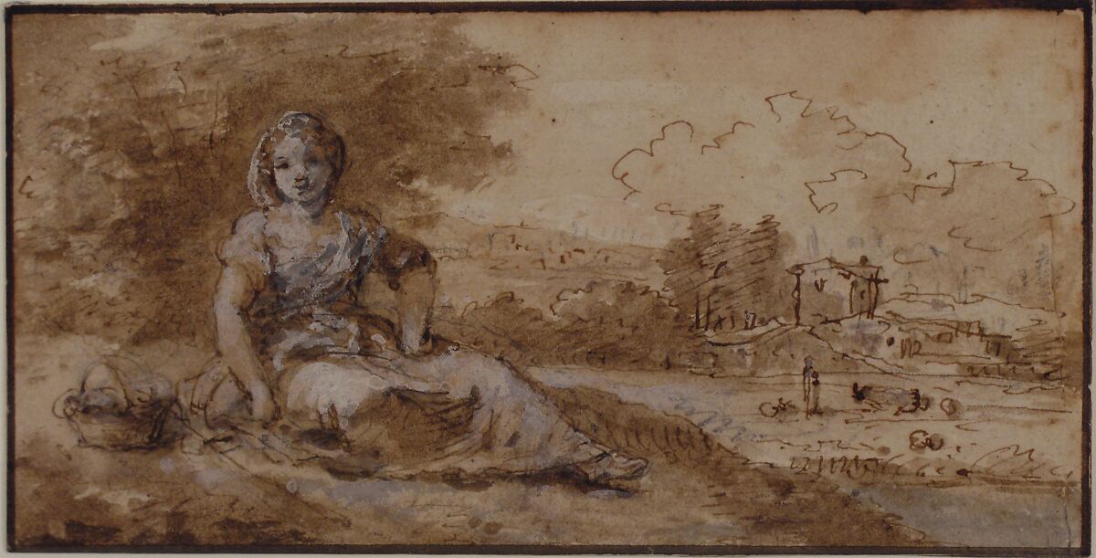 Seated Girl in a Landscape, Francesco Zuccarelli (Italian, Pitigliano 1702–1788 Florence), Pen and brown ink, brush and brown and gray wash, highlighted with white gouache, over graphite; framing lines in pen and brown ink
