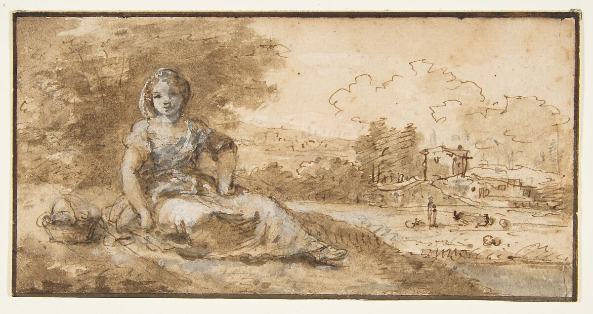 Seated Girl in a Landscape, Francesco Zuccarelli (Italian, Pitigliano 1702–1788 Florence), Pen and brown ink, brush with brown and gray wash, highlighted with white gouache, over graphite.  Framing lines in pen and brown ink 