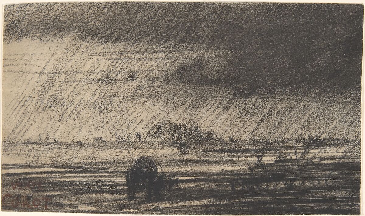 Landscape in a Storm, Charles-François Daubigny (French, Paris 1817–1878 Paris), Black chalk on wove paper 