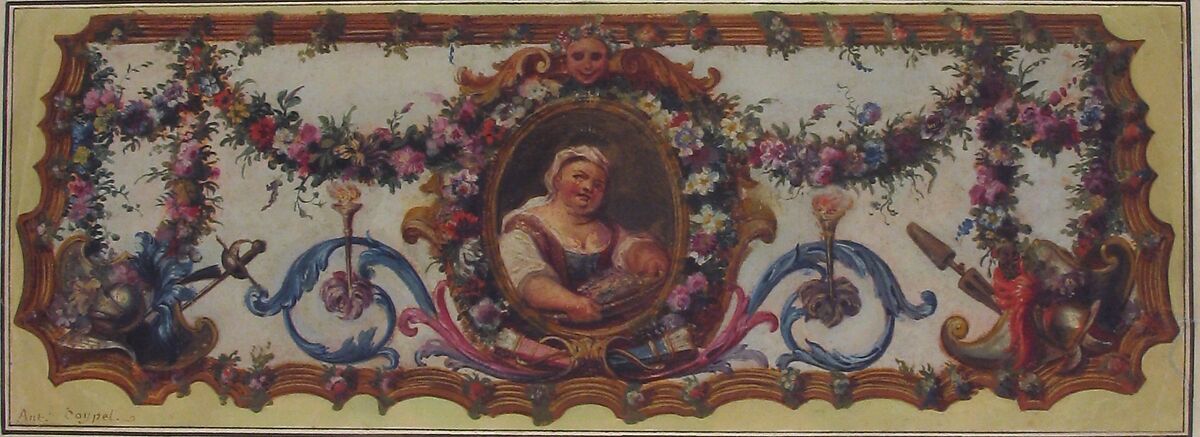 Design for a Tapestry Seat of a Sofa, Charles Antoine Coypel (French, Paris 1694–1752 Paris), Gouache with oil; silhouetted and laid down on mount with soft yellow wash surround within two black-ink border lines