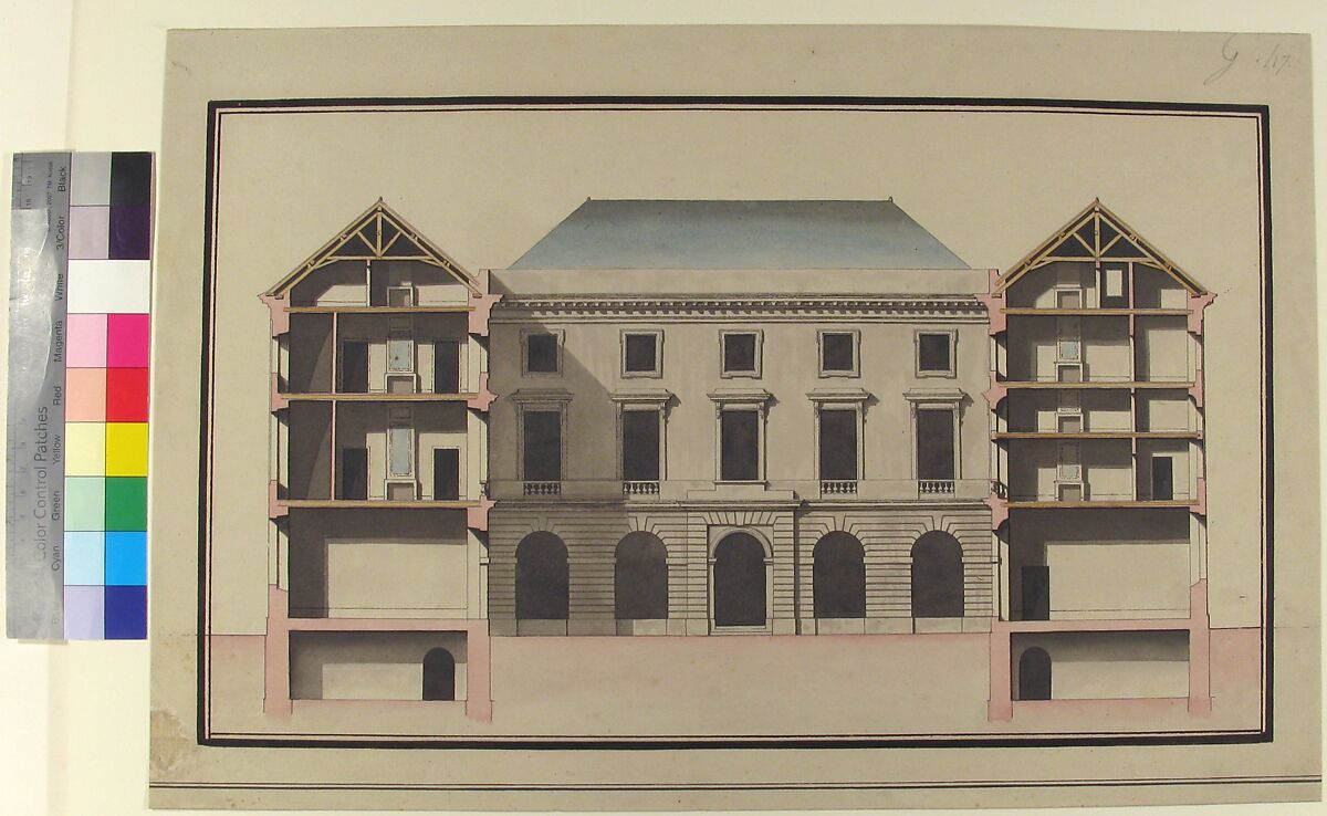 Design for the Collège de France, Paris: Elevation of Court Front with Traverse Sections Through Side Court Wings, Jean François Chalgrin (French, Paris 1739–1811 Paris), Pen and black ink, gray, pink, blue and brown wash