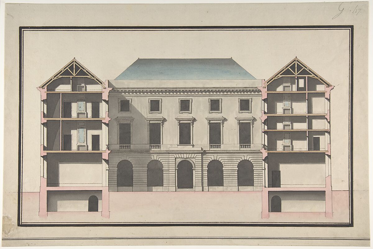 Design for the Collège de France, Paris: Elevation of Court Front with Traverse Sections Through Side Court Wings, Jean François Chalgrin (French, Paris 1739–1811 Paris), Pen and black ink, gray, pink, blue and brown wash 