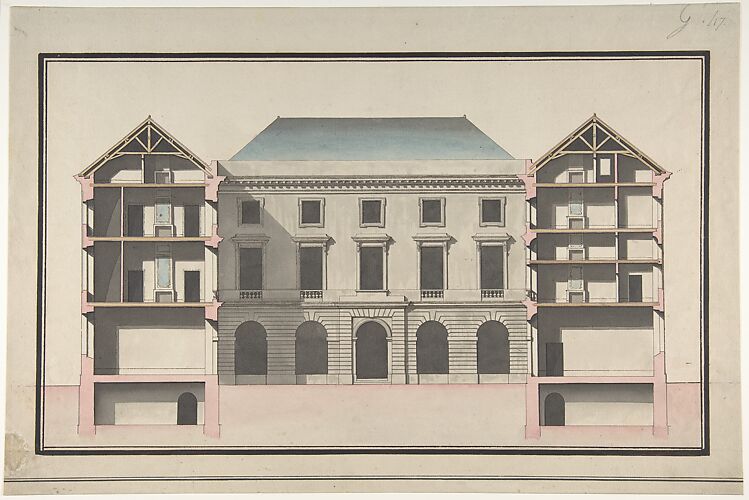 Design for the Collège de France, Paris: Elevation of Court Front with Traverse Sections Through Side Court Wings