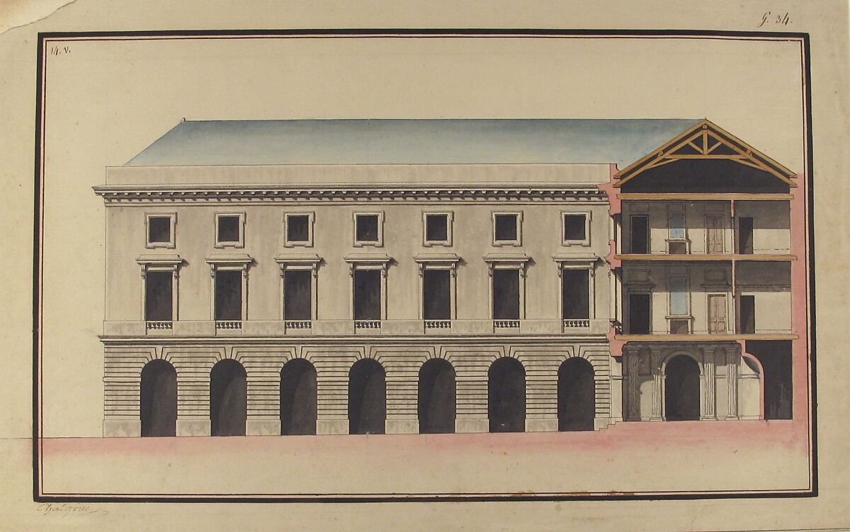 Design for the Collège de France, Paris: Elevation of the Wings of the Court with a Transverse Section through Main Front, Jean François Chalgrin (French, Paris 1739–1811 Paris), Pen and black ink, brush and gray, blue, pink and brown wash over graphite underdrawing