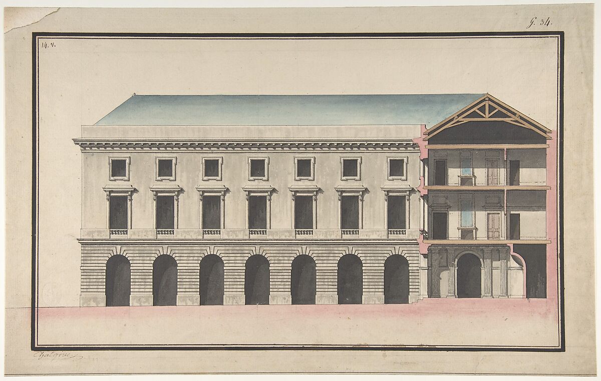 Design for the Collège de France, Paris: Elevation of the Wings of the Court with a Transverse Section through Main Front, Jean François Chalgrin (French, Paris 1739–1811 Paris), Pen and black ink, brush and gray, blue, pink and brown wash over graphite underdrawing 
