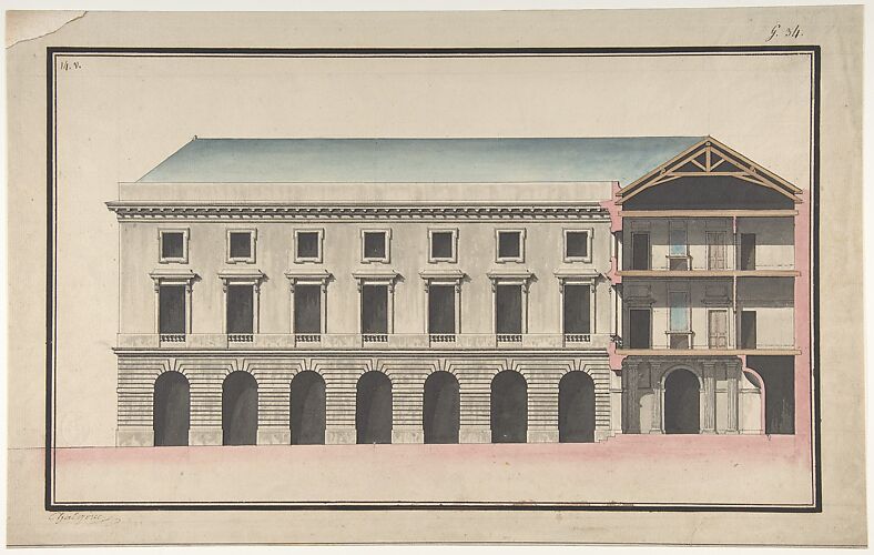 Design for the Collège de France, Paris: Elevation of the Wings of the Court with a Transverse Section through Main Front
