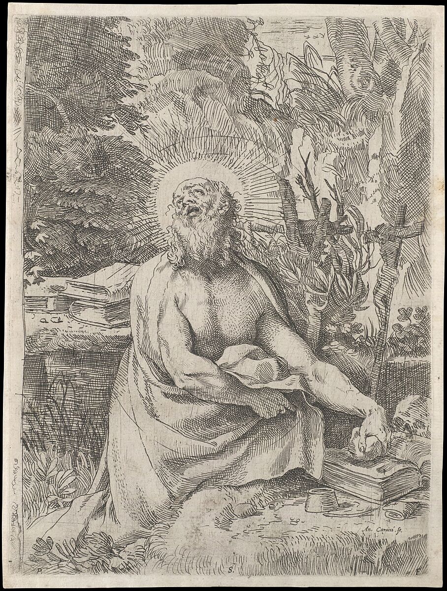 Saint Jerome in the Wilderness, Annibale Carracci (Italian, Bologna 1560–1609 Rome), Etching and engraving 