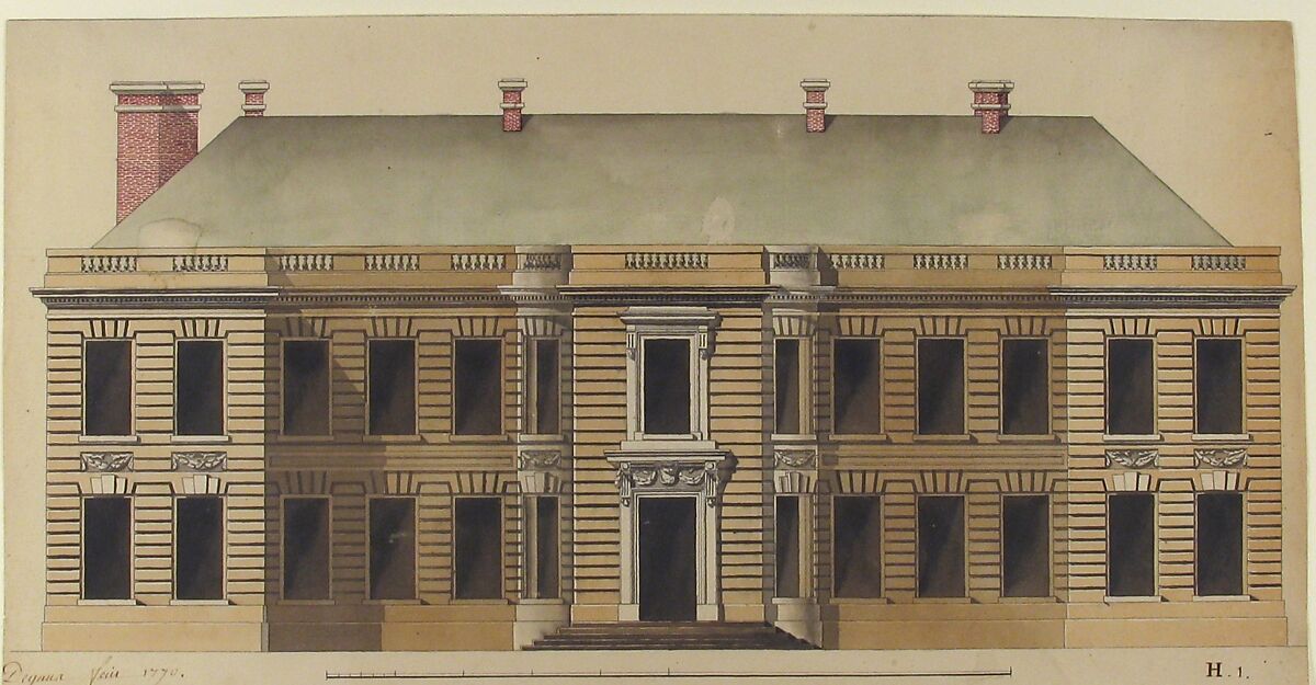 Elevation for a Palace Façade, Degana, Pen and black ink, brush and gray, ochre, green and red wash over graphite