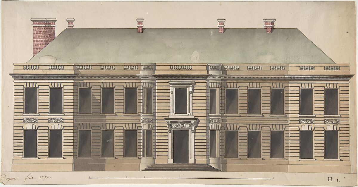 Elevation for a Palace Façade, Degana, Pen and black ink, brush and gray, ochre, green and red wash over graphite 