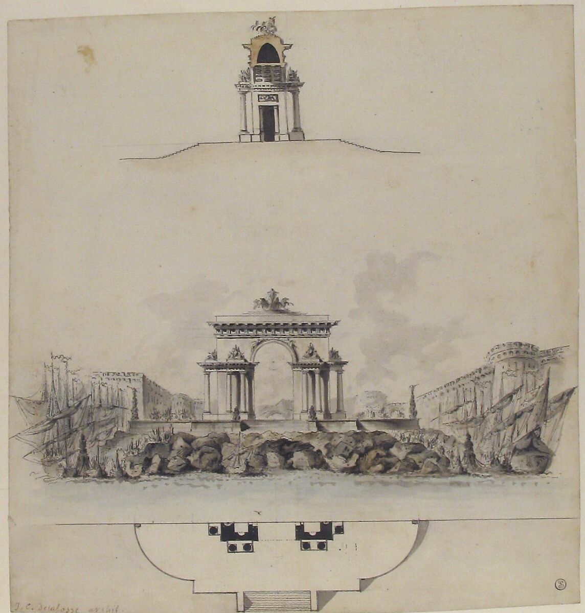 Design for Colossal Triumphal Arch Surmounted by a Quadriga, Jean Charles Delafosse (French, Paris 1734–1789 Paris), Pen and black ink, brush and gray, blue and brown wash over graphite underdrawing