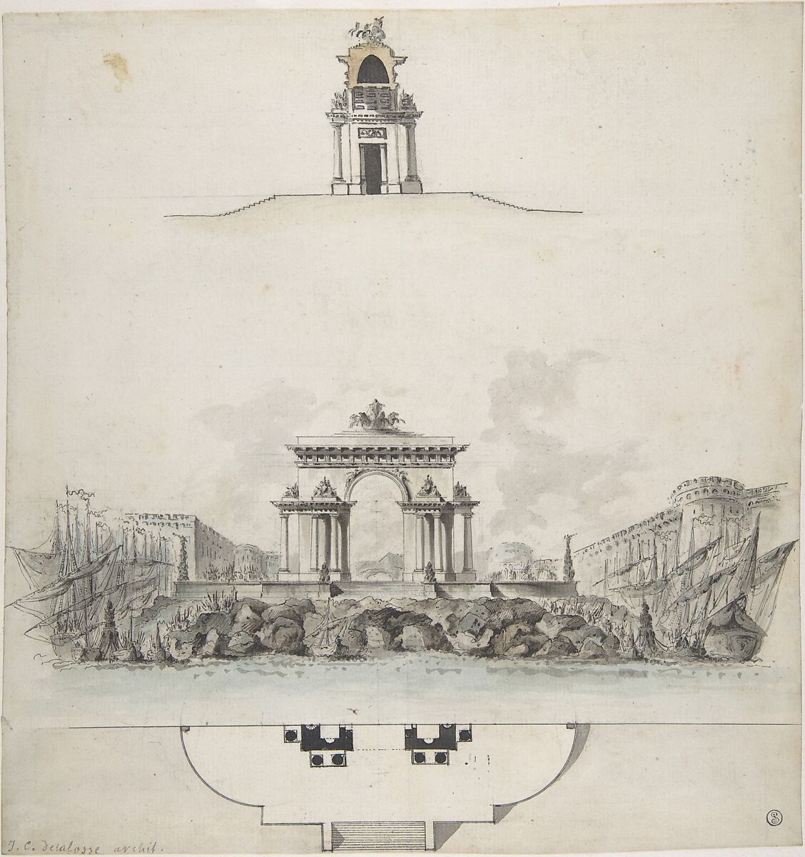 Design for Colossal Triumphal Arch Surmounted by a Quadriga, Jean Charles Delafosse (French, Paris 1734–1789 Paris), Pen and black ink, brush and gray, blue and brown wash over graphite underdrawing 