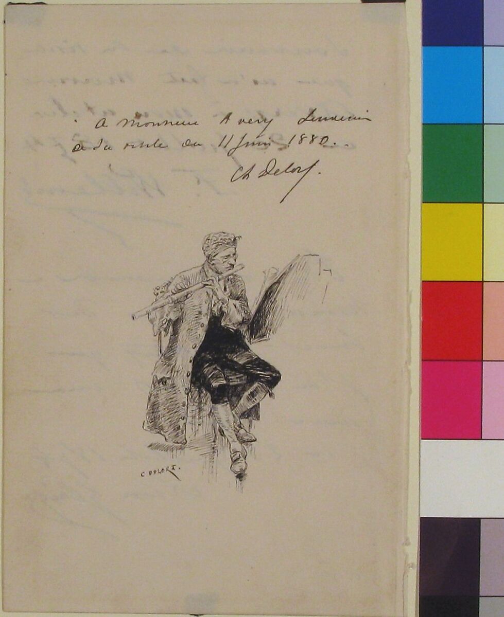Flutist, Charles-Edouard Delort (French, Nîmes 1841–1895 Saint-Eugène), Pen and black ink