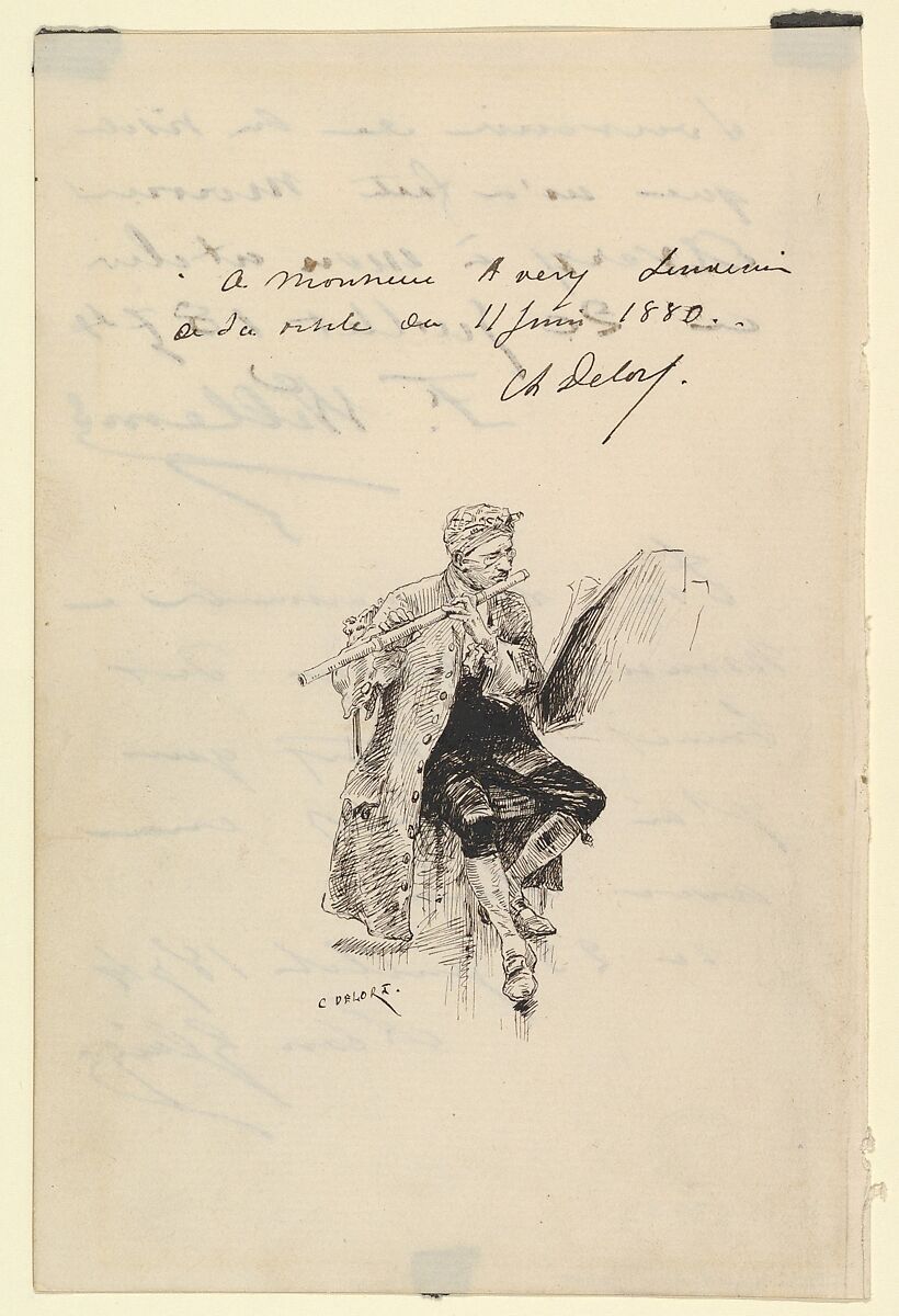 Flutist, Charles-Edouard Delort (French, Nîmes 1841–1895 Saint-Eugène), Pen and black ink 