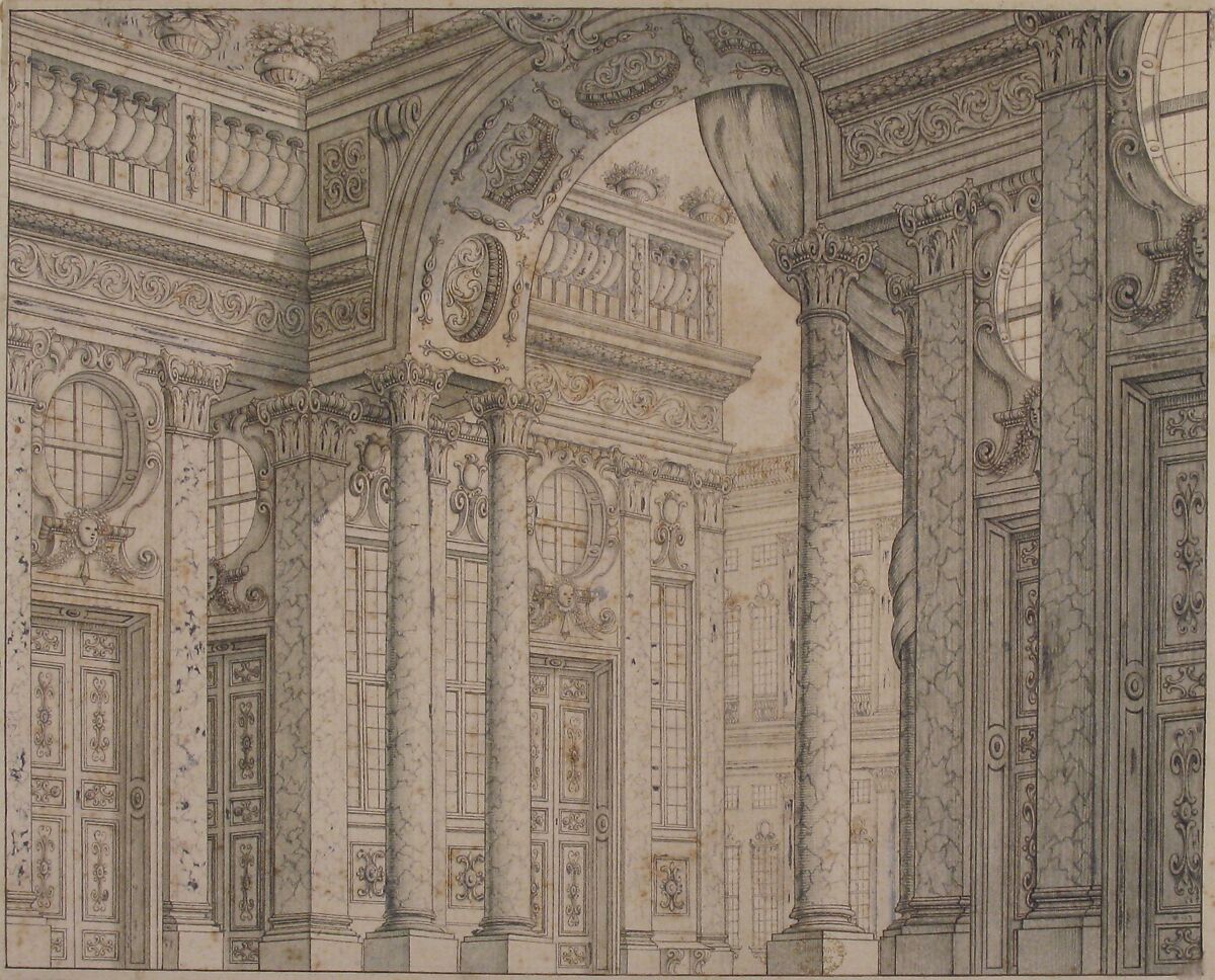 Design of a Perspective for a Stage Set with Courtyard and Triumphal Arch, Ferdinando Galli Bibiena (Italian, Bologna 1657–1743 Bologna) - circle of, Pen and brown ink, brush and green and gray wash, over leadpoint with some traces of white gouache